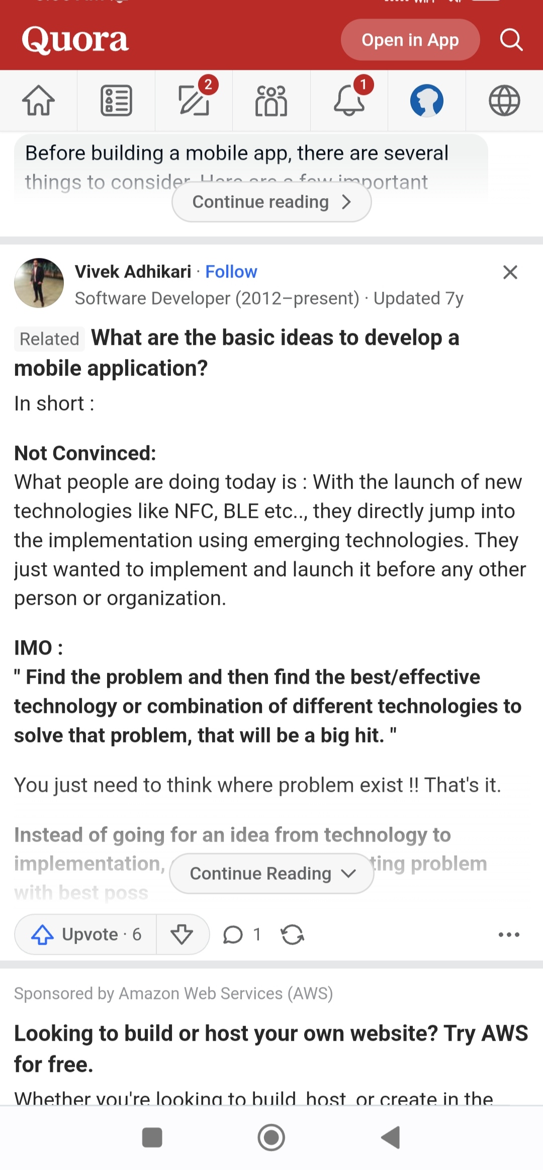 quora questions page on app