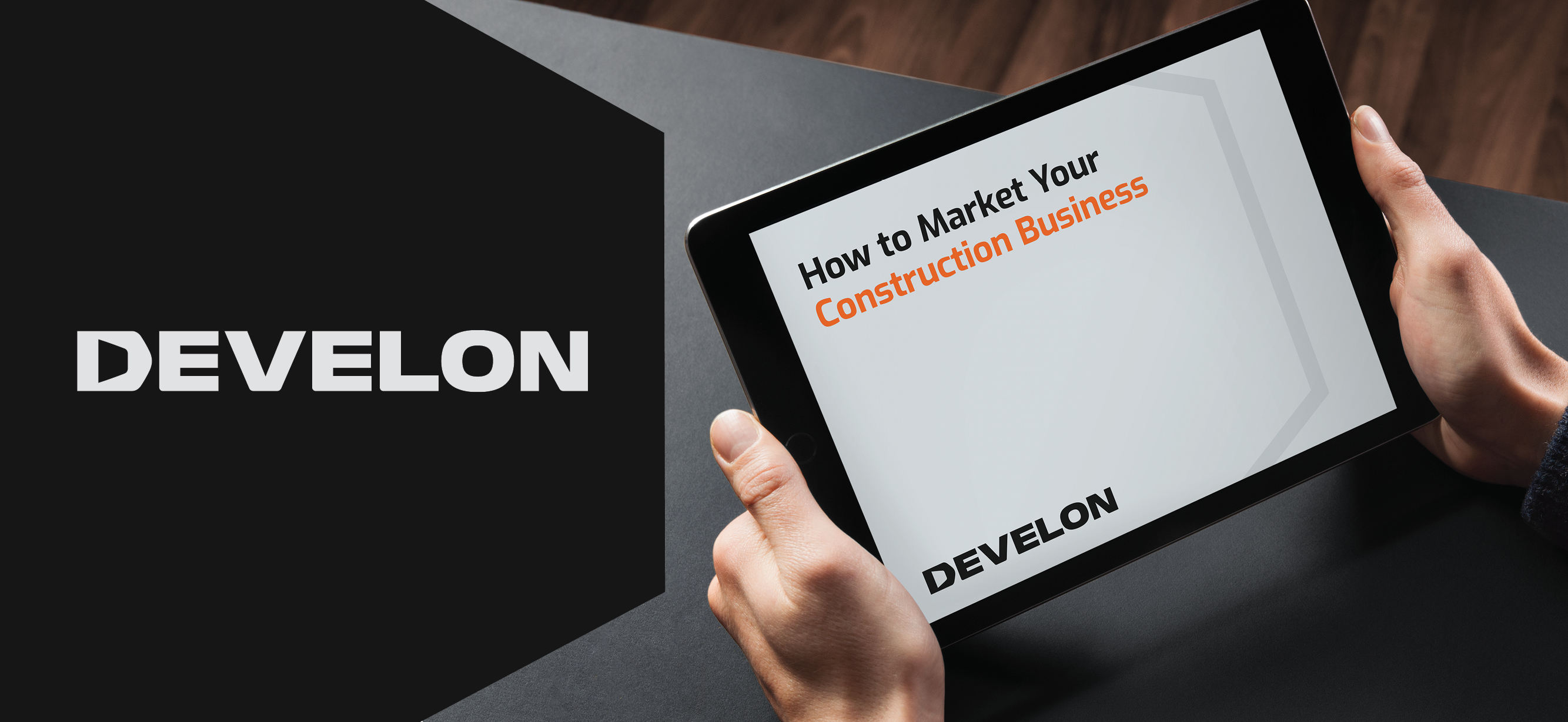 Two hands holding a tablet with the Doosan logo in the top right corner and “How to Market Your Construction Business” below.