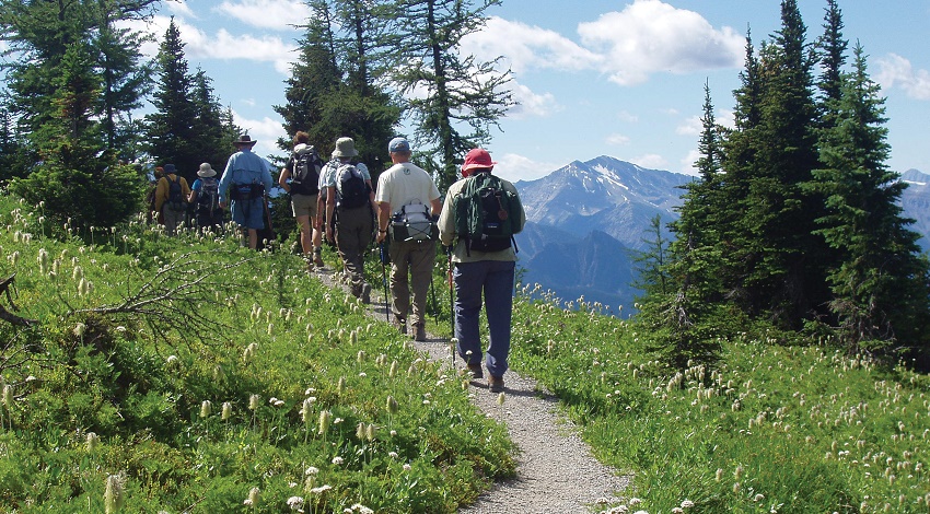 Hikers walking in a single file line on a mountain path