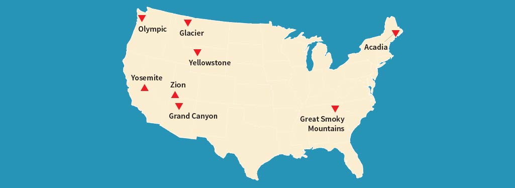 A U.S. map of popular National Parks