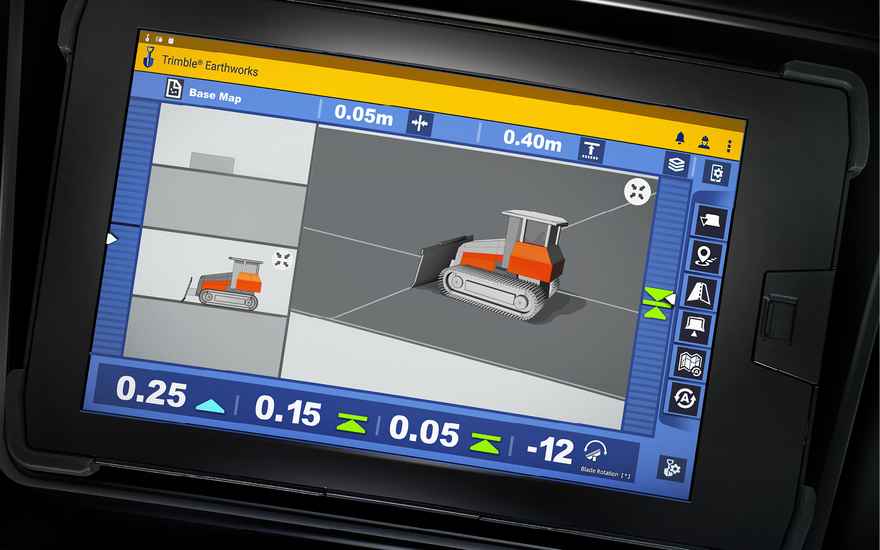 A GPS monitor in a DEVELON dozer displays the 3D machine control functionality.
