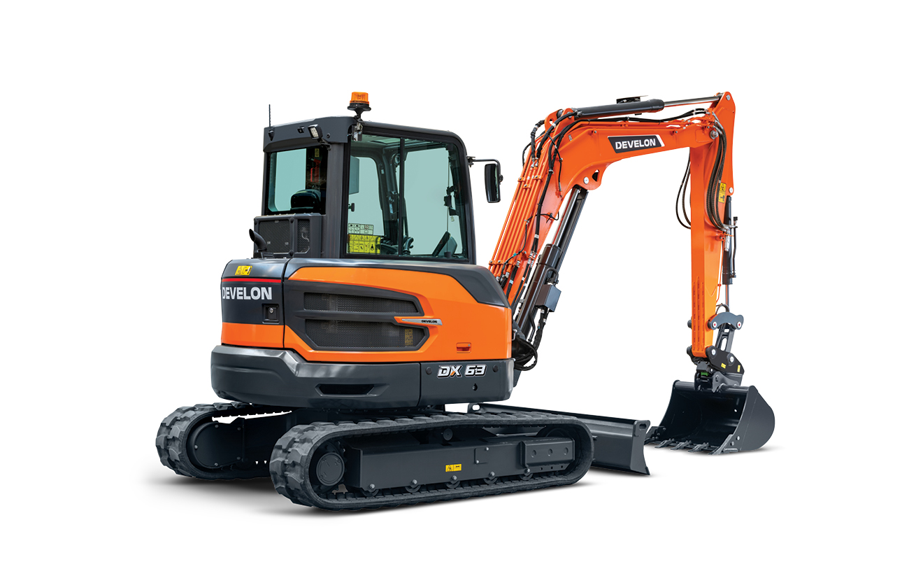 A DEVELON DX63-7 mini excavator featuring a conventional tail swing.