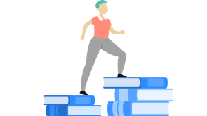 Infographic of person walking on books