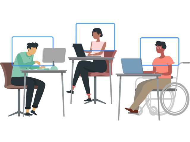 Hosting Virtual All Hands Meetings group working at desks