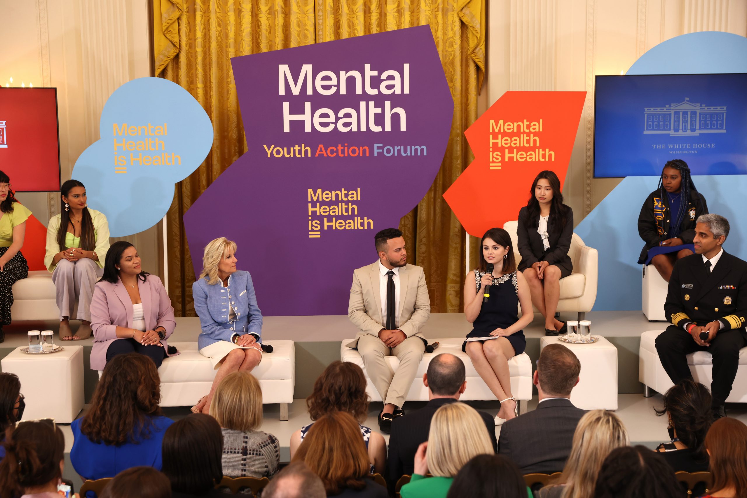 WASHINGTON, DC - MAY 18: Dr. Jill Biden, Juan Acosta, Selena Gomez and Dr. Vivek Murthy appear on stage as MTV Entertainment hosts first ever Mental Health Youth Forum at The White House on May 18, 2022 in Washington, DC. (Photo by Tasos Katopodis/Getty Images for MTV Entertainment)